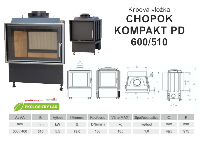 Krbová vložka KOBOK 5,5 kW KOBOK KOMPAKT PD 600 510 zadní přikládací dveře