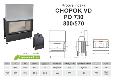 Krbová vložka KOBOK - oboustranná KOBOK CHOPOK O PD VD 730 (800) 570 s výsuvem, přikládací dveře