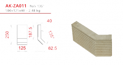 Akumulační kamnářský omítací šamot - AKUMOL40 tloušťka 40 profikrby Roh 135 125x250x125x40 - AKUMOL40-ZA011