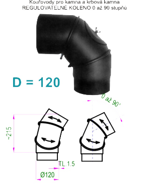 Kouřovod 120 STS Prachatice Koleno regulovatelné - průměr 120 mm  tl.2 - ČO - (0-90°) - 3 segmenty