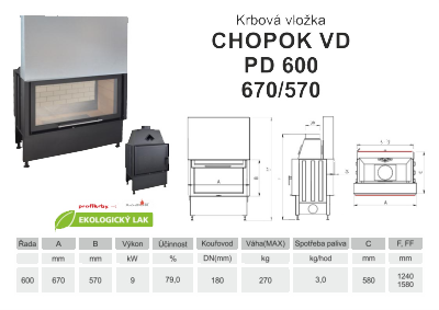 Krbová vložka KOBOK - oboustranná KOBOK CHOPOK O PD VD 600 (670) 570 s výsuvem, přikládací dveře